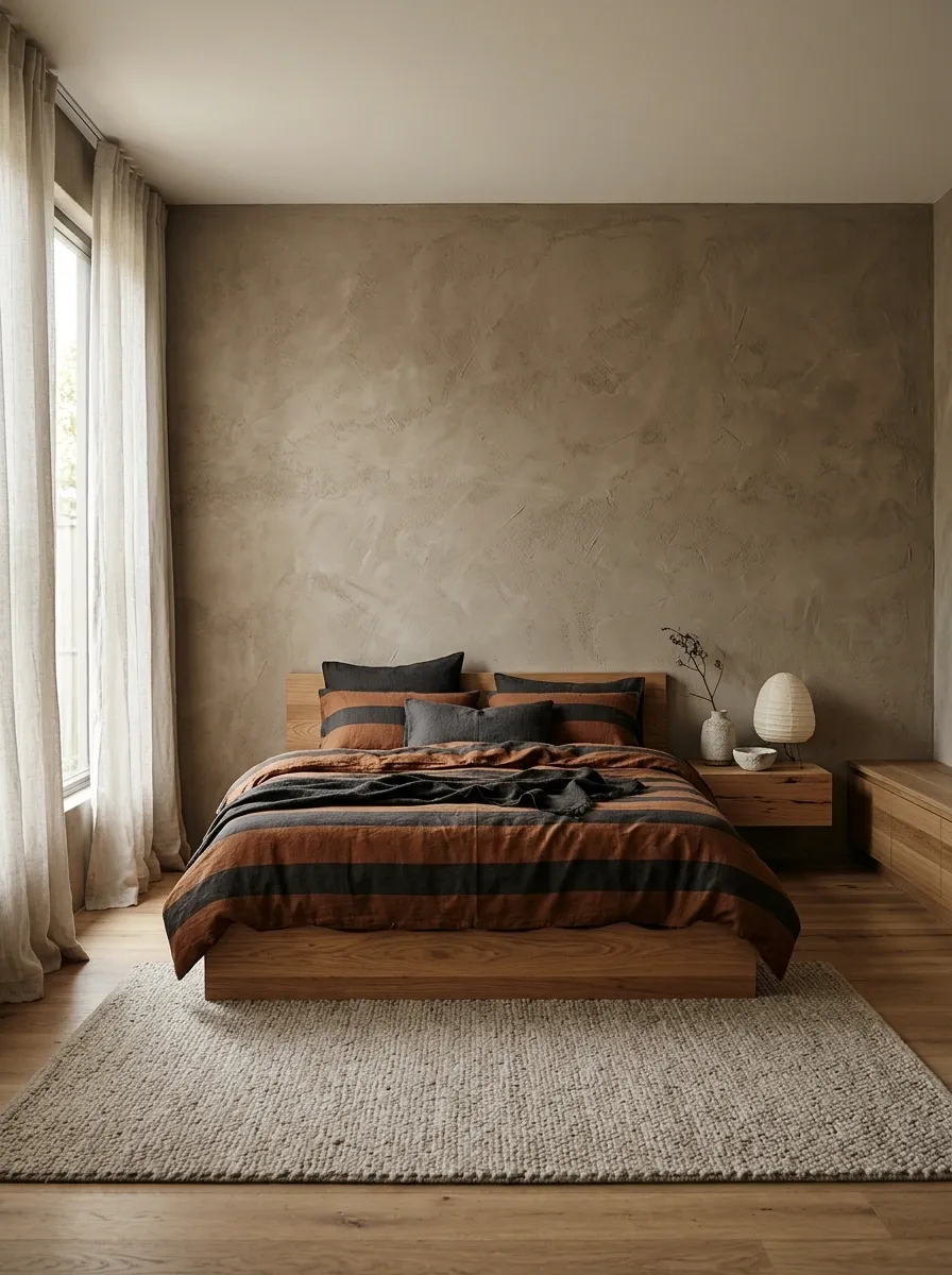 Rust and Charcoal Stripes in an Earthy Japanese-Inspired Bedroom