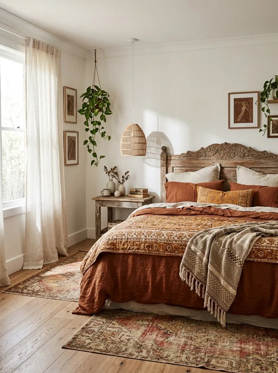 Rust and Ochre Bedding With a Patterned Bohemian Quilt