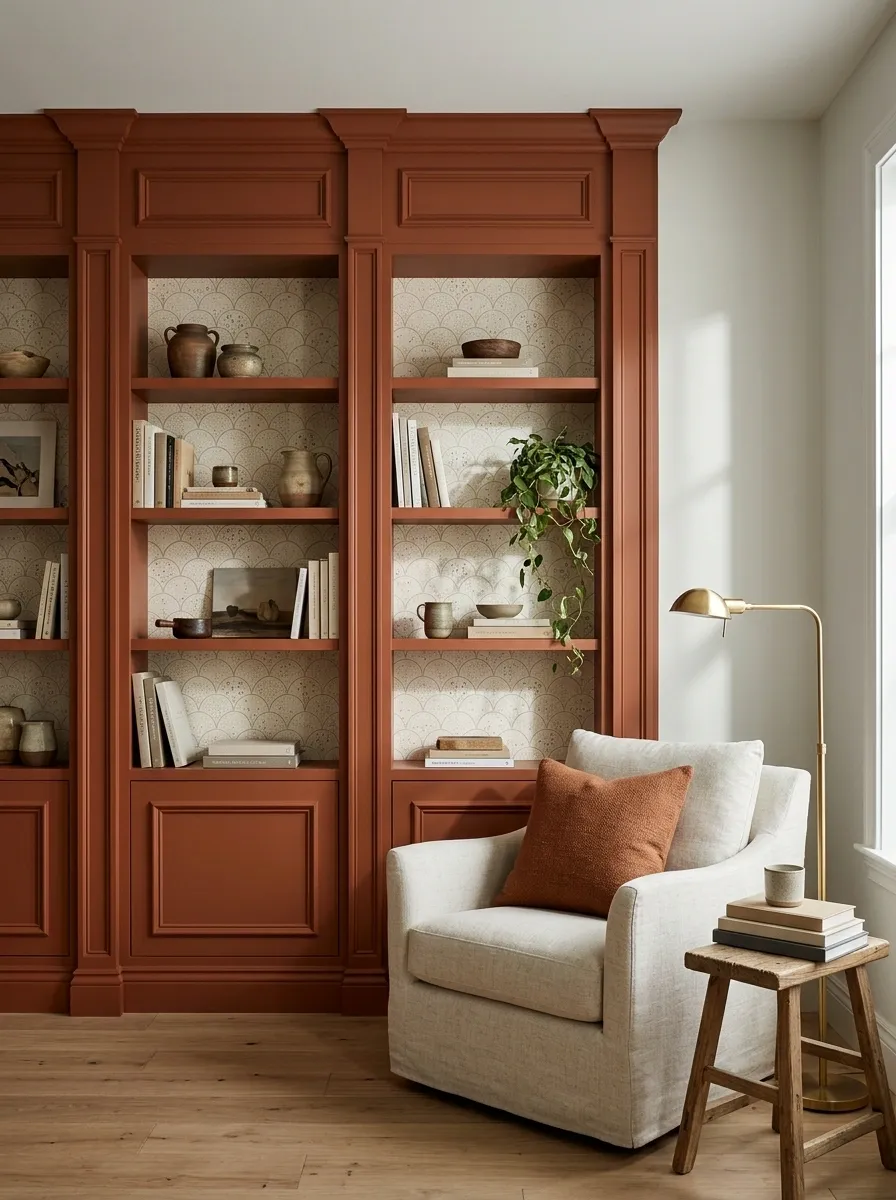 Rust-Colored Shelves With Cream Scallop Wallpaper in a Reading Corner