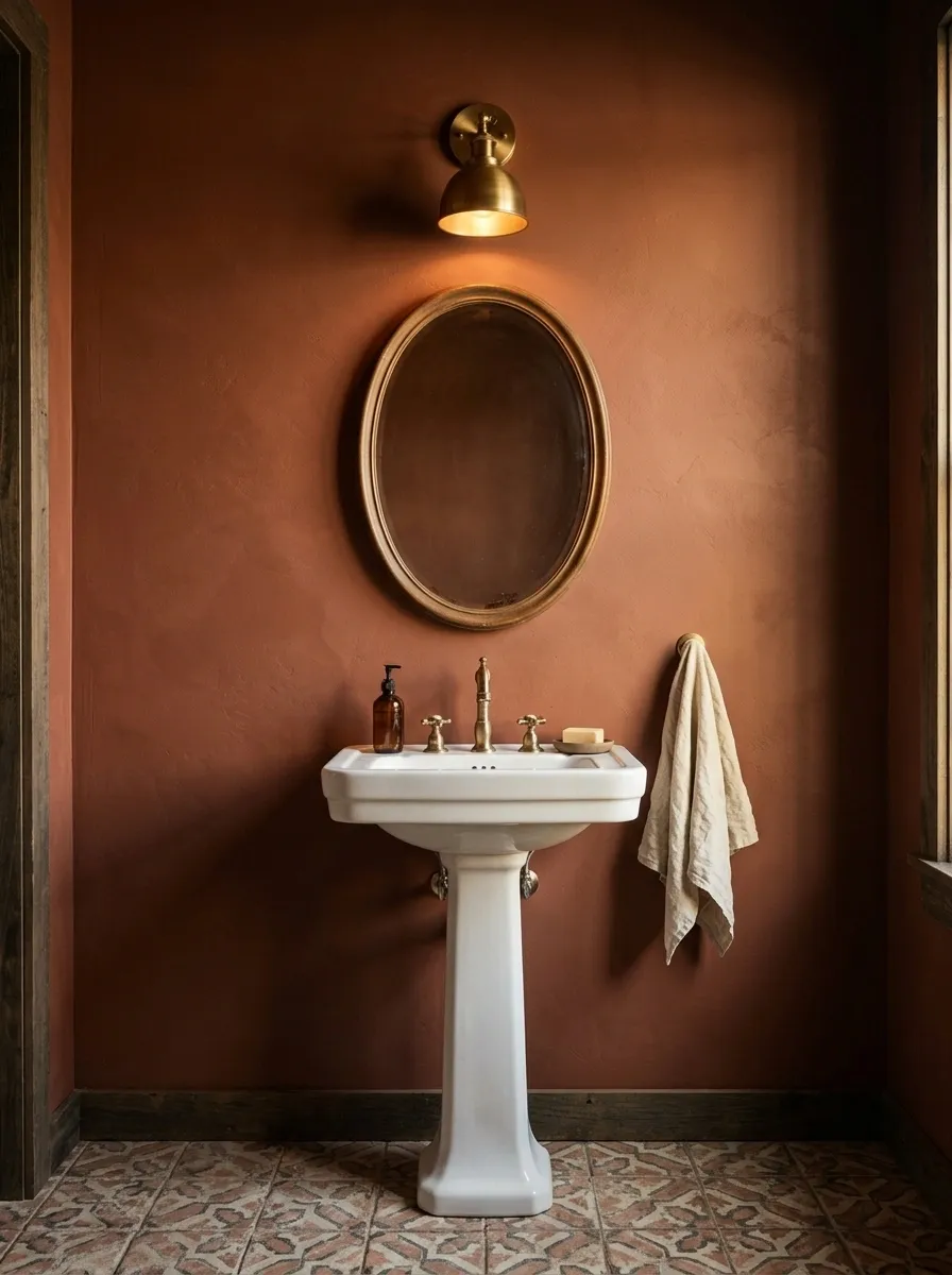 Rust-Colored Western Powder Room With an Antique Mirror