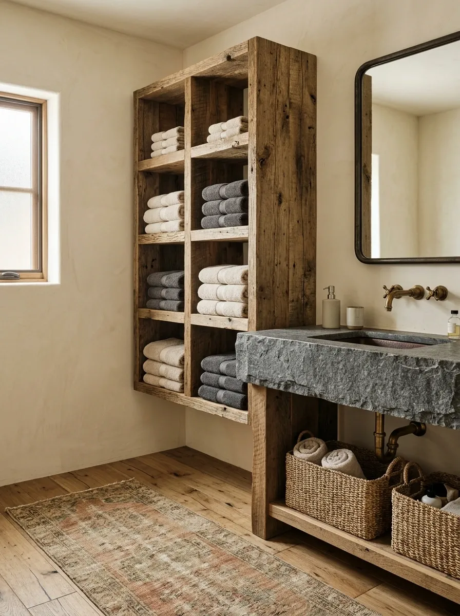 Rustic Bathroom With Reclaimed Wood Towel Cubbies