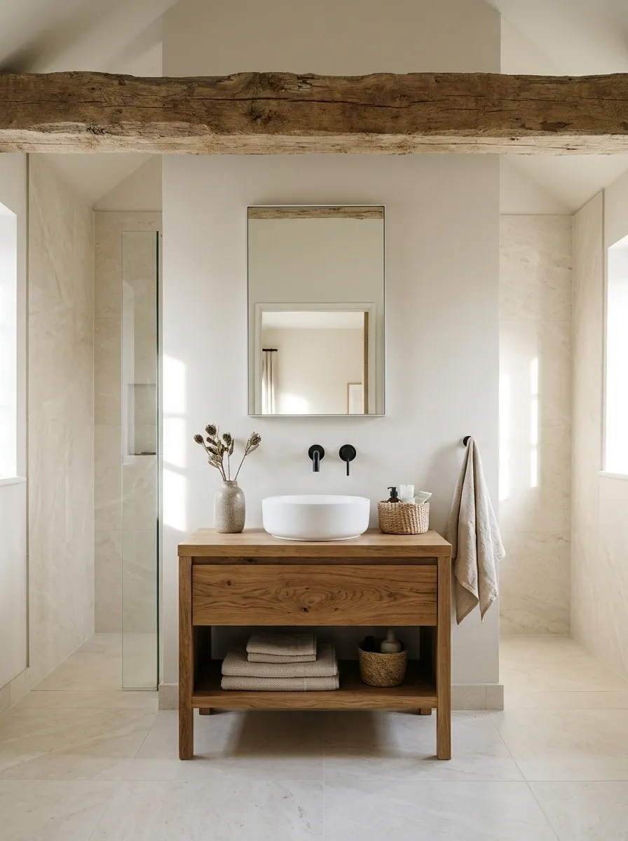 Rustic Beam Bathroom With Smooth Tile and a Refinished Washstand