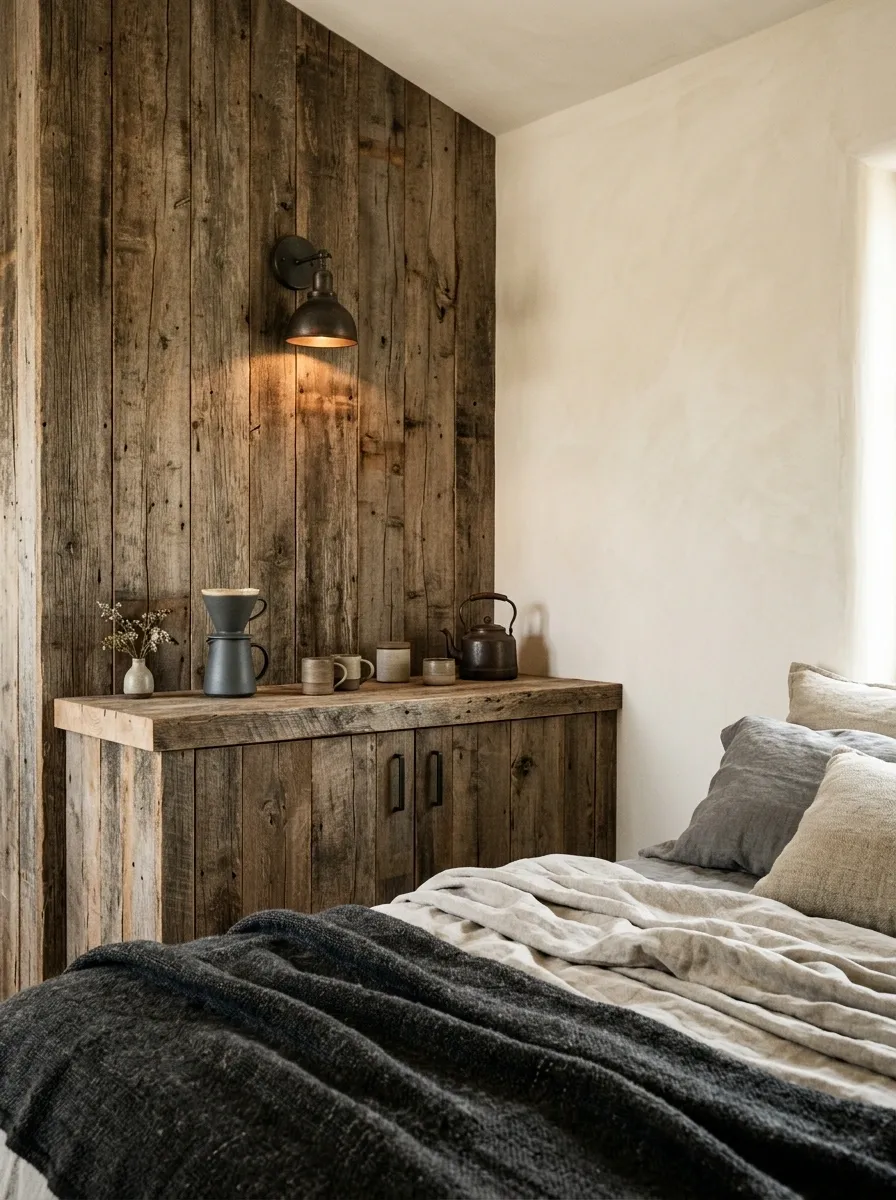 Rustic Bedroom Coffee Station Built Into a Reclaimed Wood Wall
