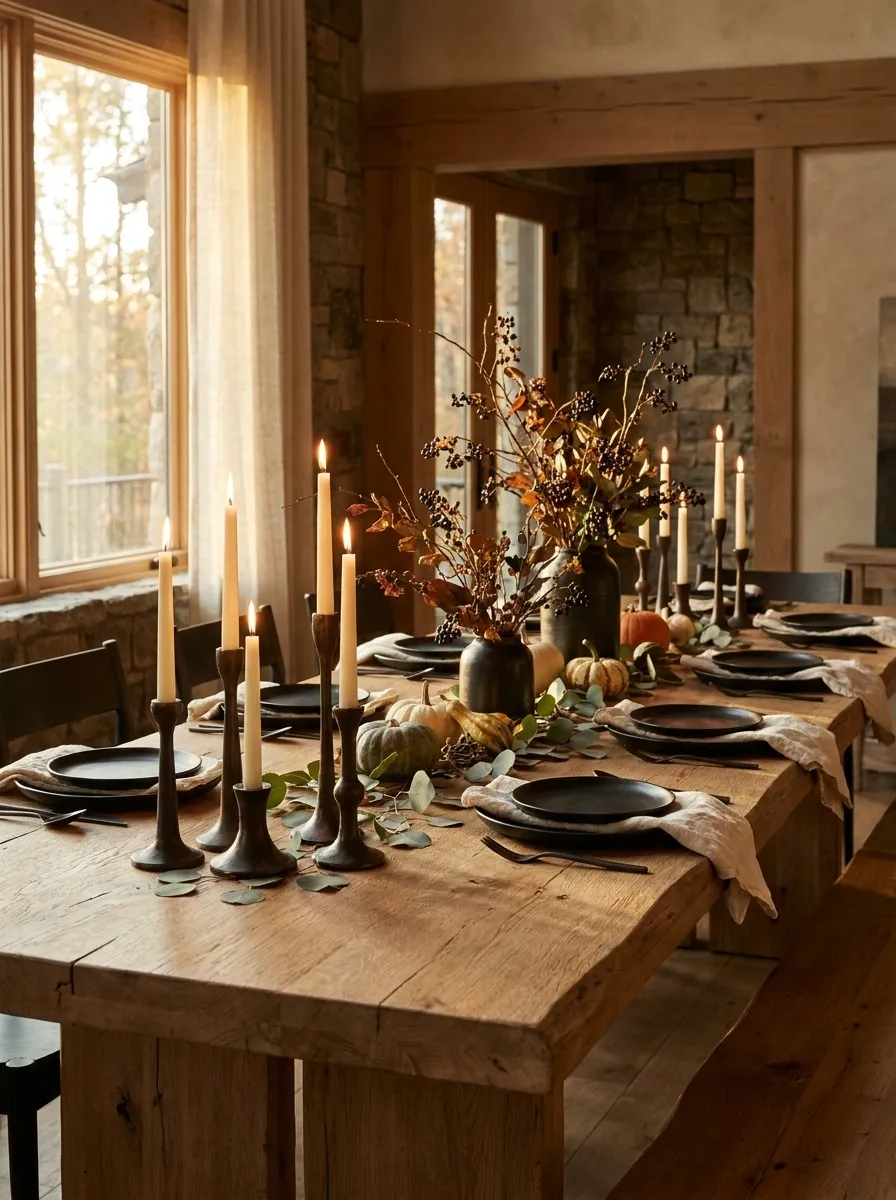 Rustic Black and Natural Wood Thanksgiving Tablescape