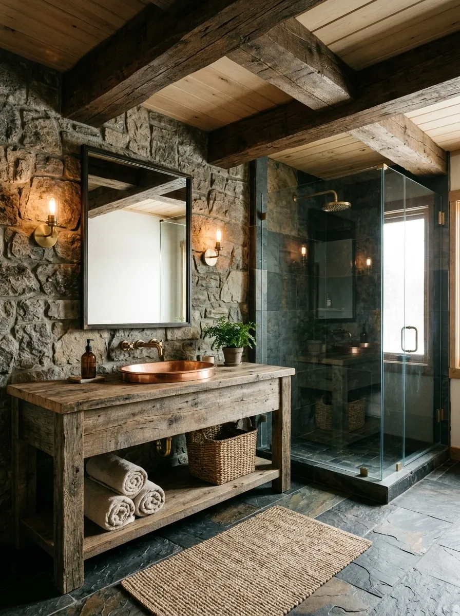 Rustic Cabin Bathroom With Timber Beams and Stone