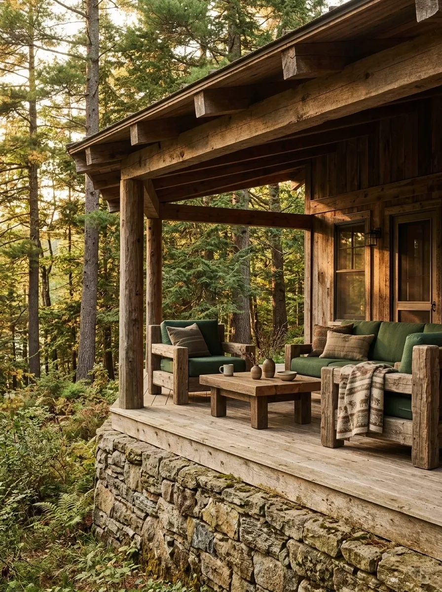 Rustic Cabin Porch With Timber and Woodland Tones