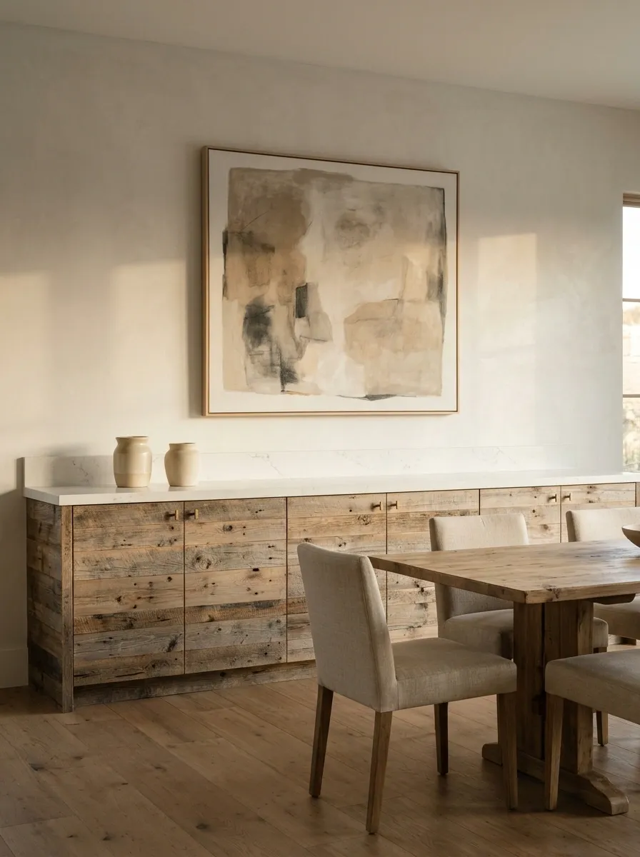 Rustic Dining Room With a Pallet-Board Sideboard and Oversized Artwork