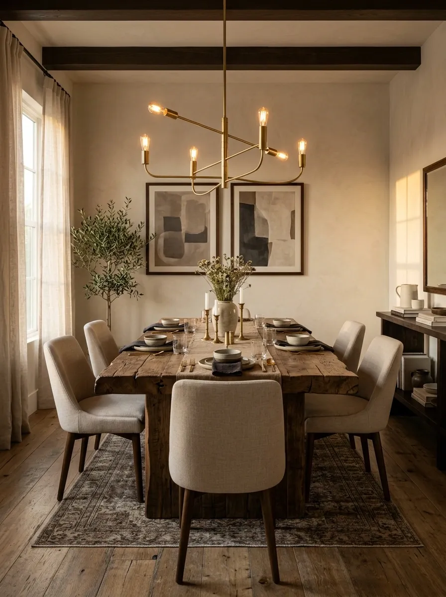 Rustic Dining Room With Refined Lighting and Tailored Seating