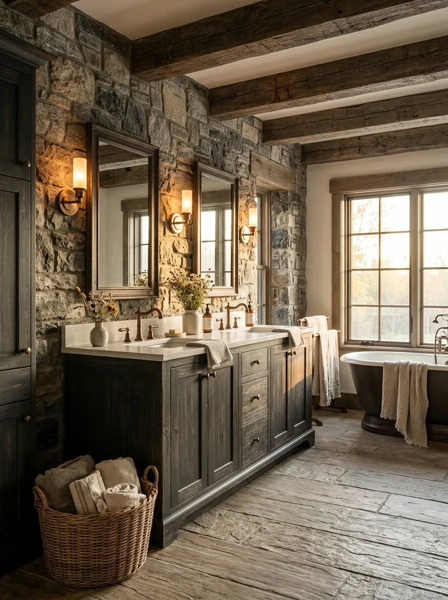 Rustic Farmhouse Bathroom With Natural Stone and Heavy Timber