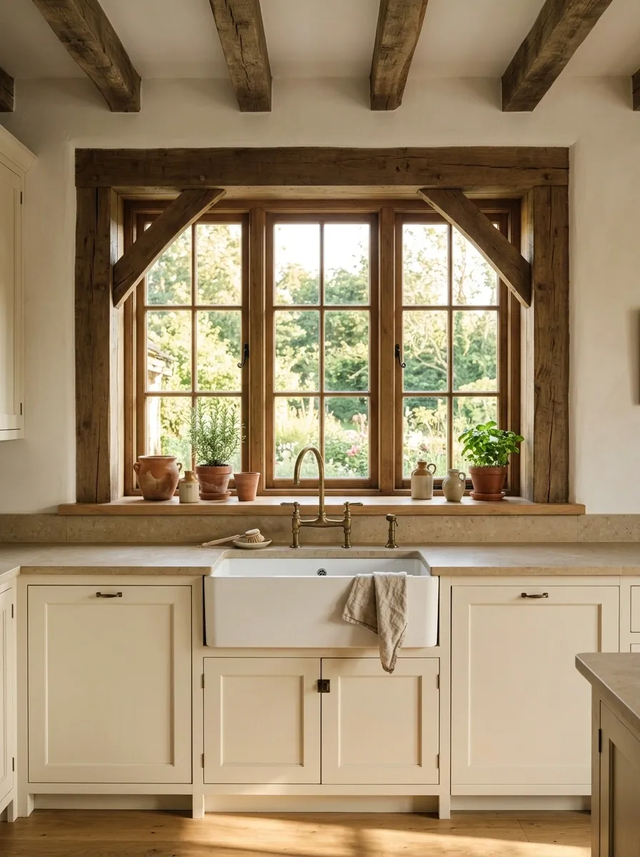 Rustic Farmhouse Kitchen With a Timber-Framed Sink Window