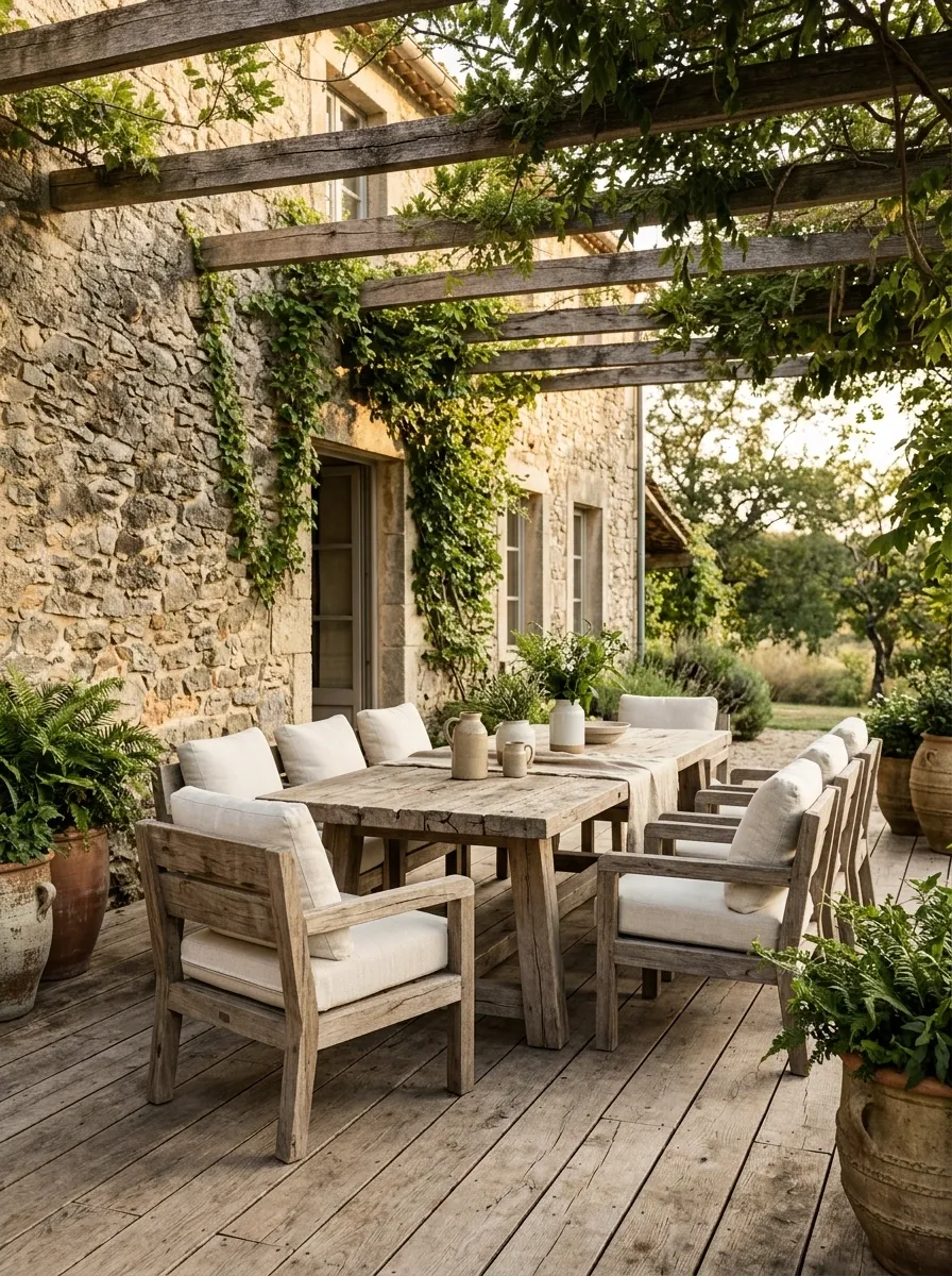 Rustic Farmhouse Patio With Reclaimed Timber Character