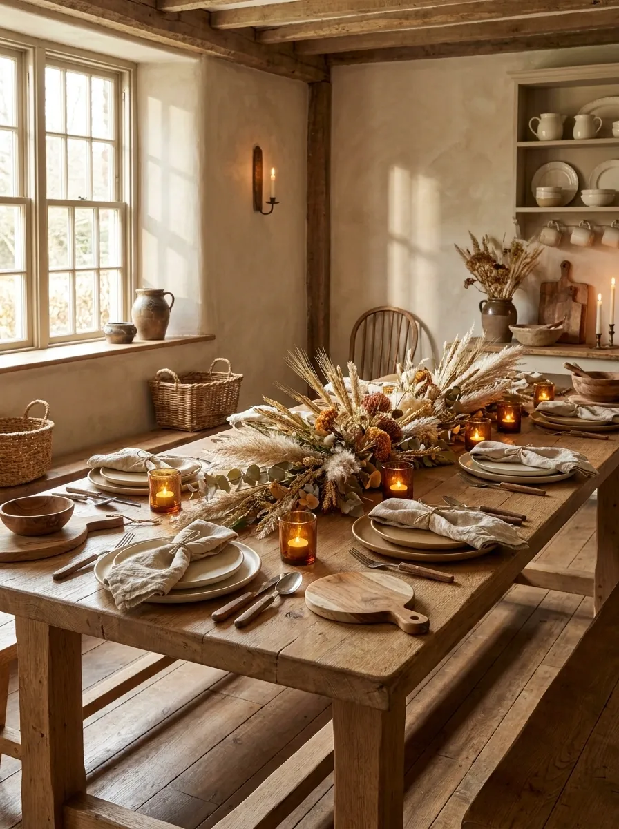 Rustic Farmhouse Thanksgiving Table With Linen and Dried Foliage