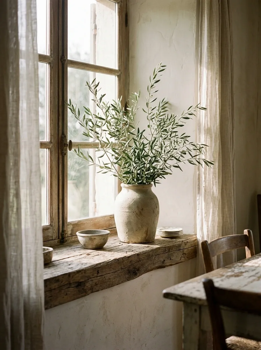 Rustic Farmhouse Window With Earthenware and Olive Branches