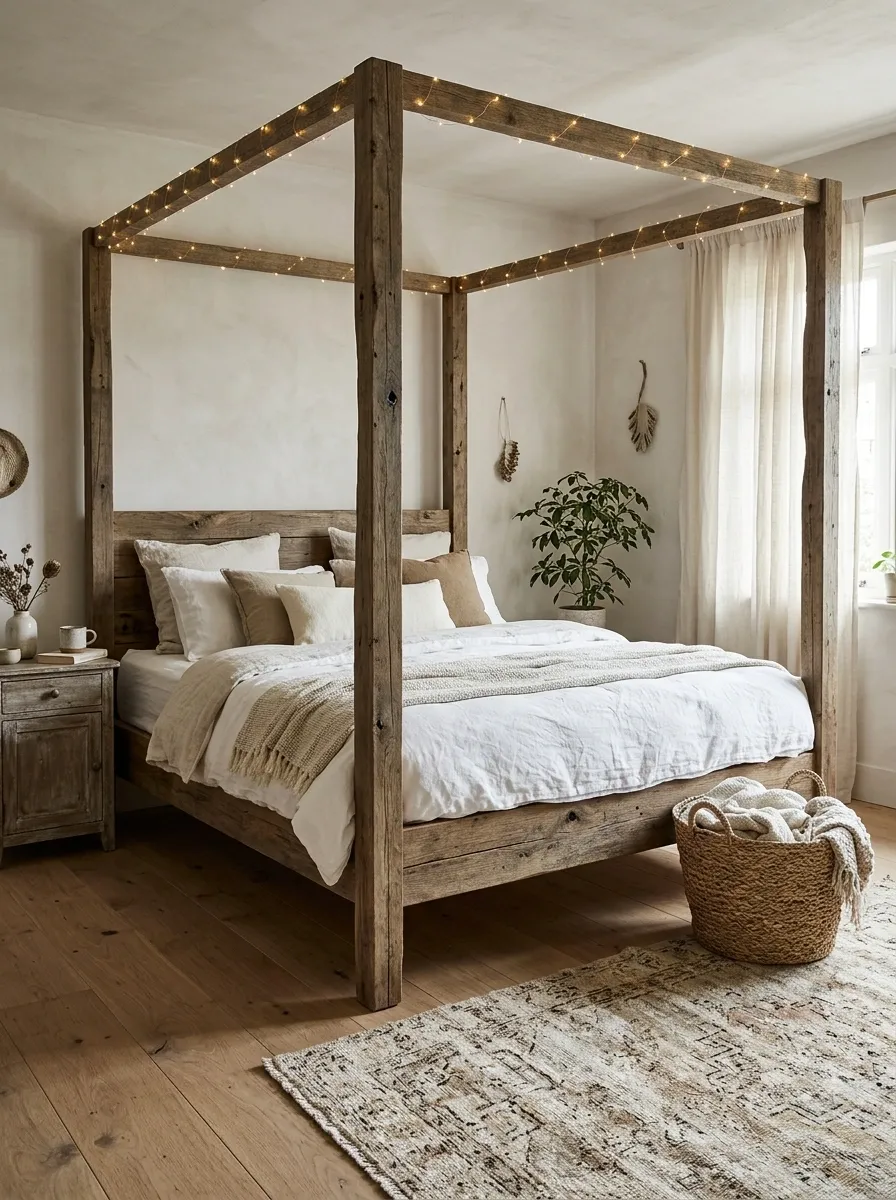 Rustic Four-Poster Bed With Draped Lights
