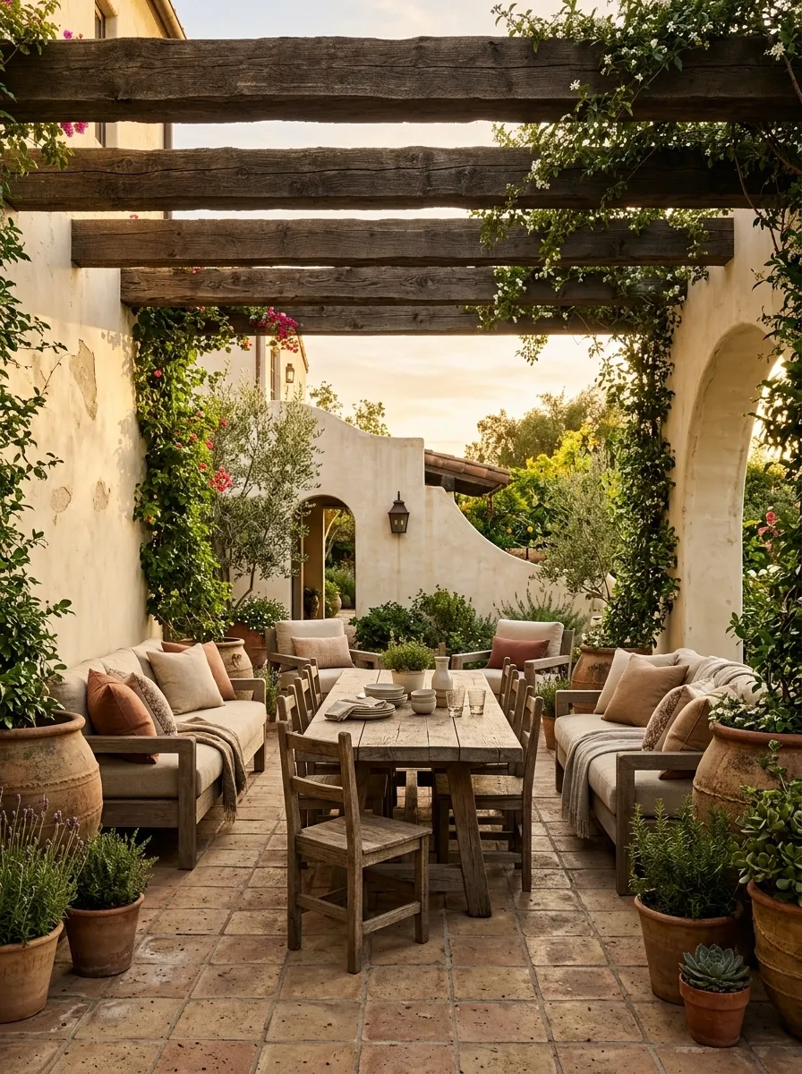 Rustic Hacienda Backyard With Heavy Timber and Clay