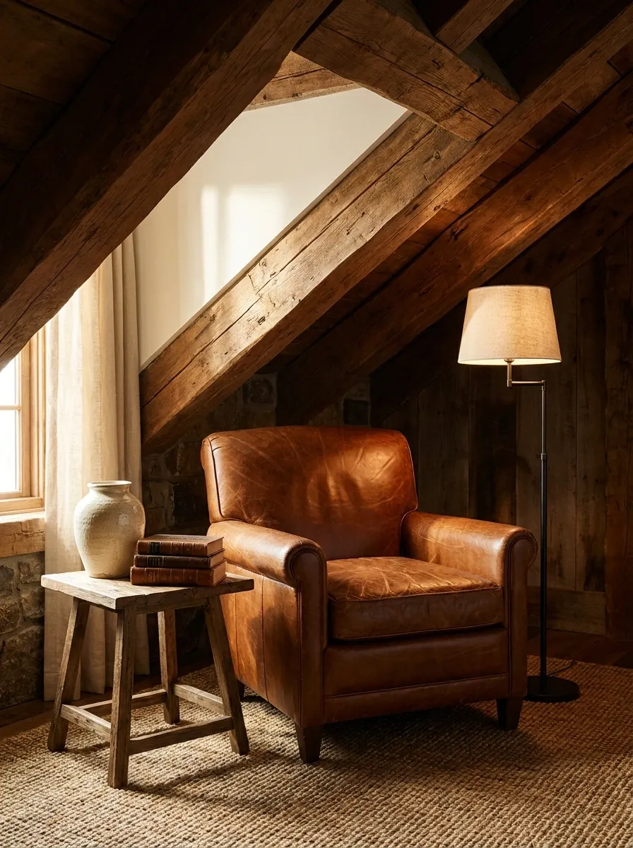 Rustic Leather Chair With Exposed Wood Beams