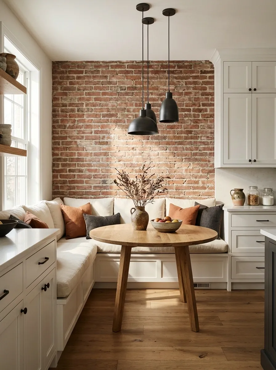 Rustic Modern Banquette With Exposed Brick and Soft Linen