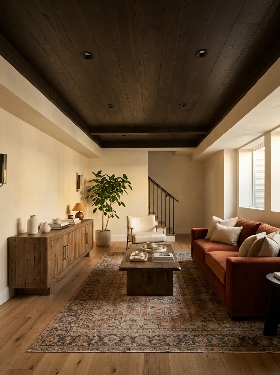 Rustic-Modern Basement Den With Dark Timber-Look Ceiling Panels
