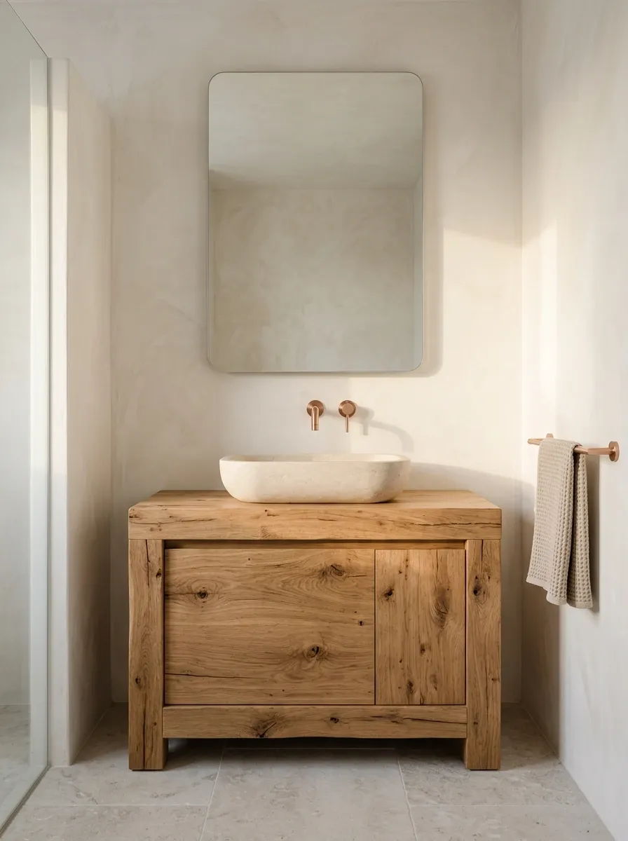 Rustic Modern Bathroom With Plaster Walls and Natural Wood