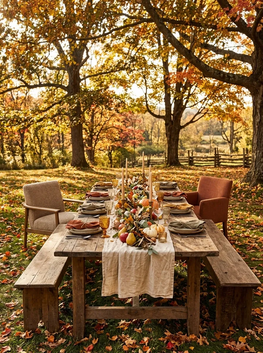 Rustic Outdoor Thanksgiving Table Under Autumn Trees