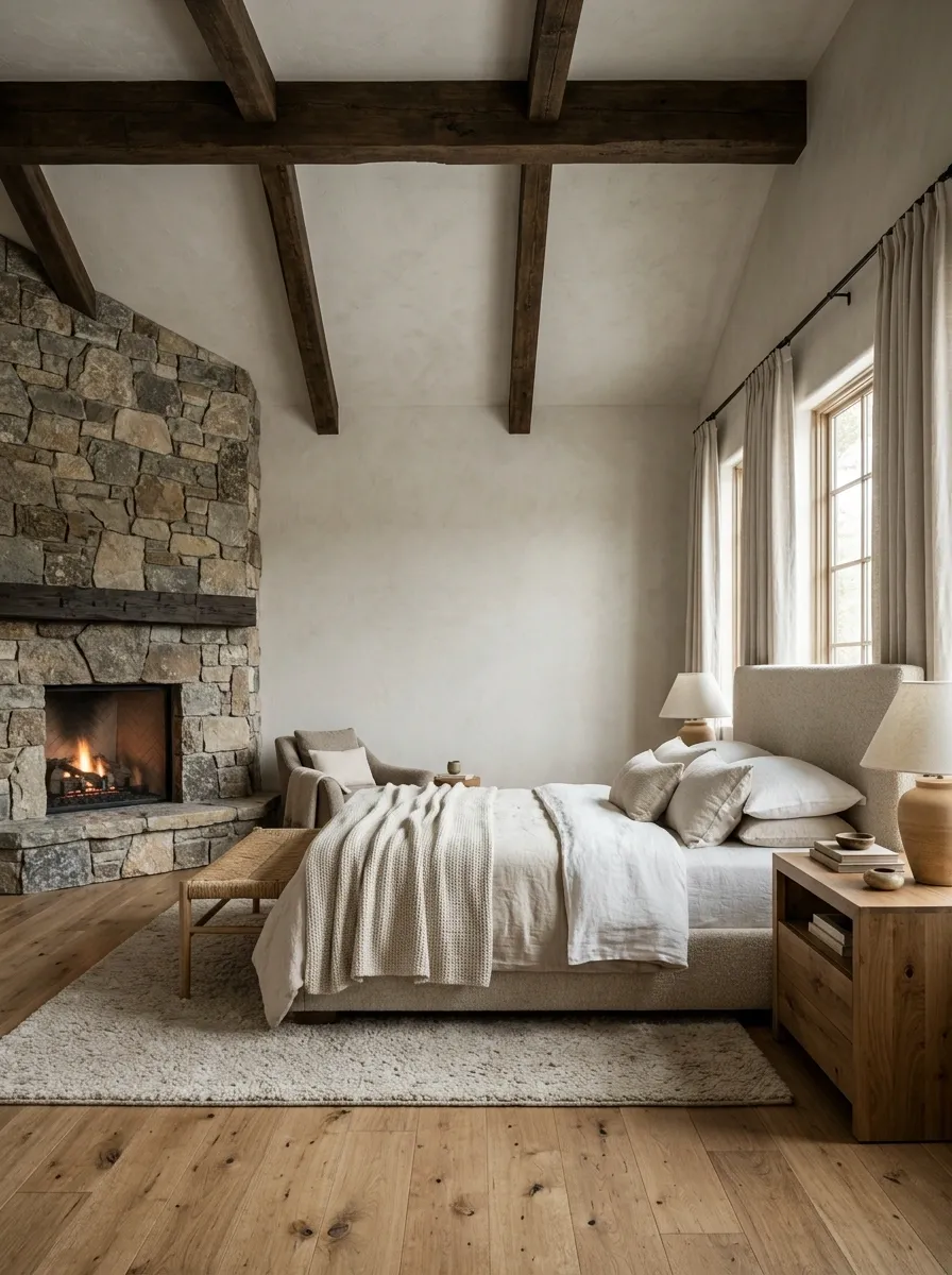 Rustic Stone Fireplace Bedroom With Exposed Ceiling Beams