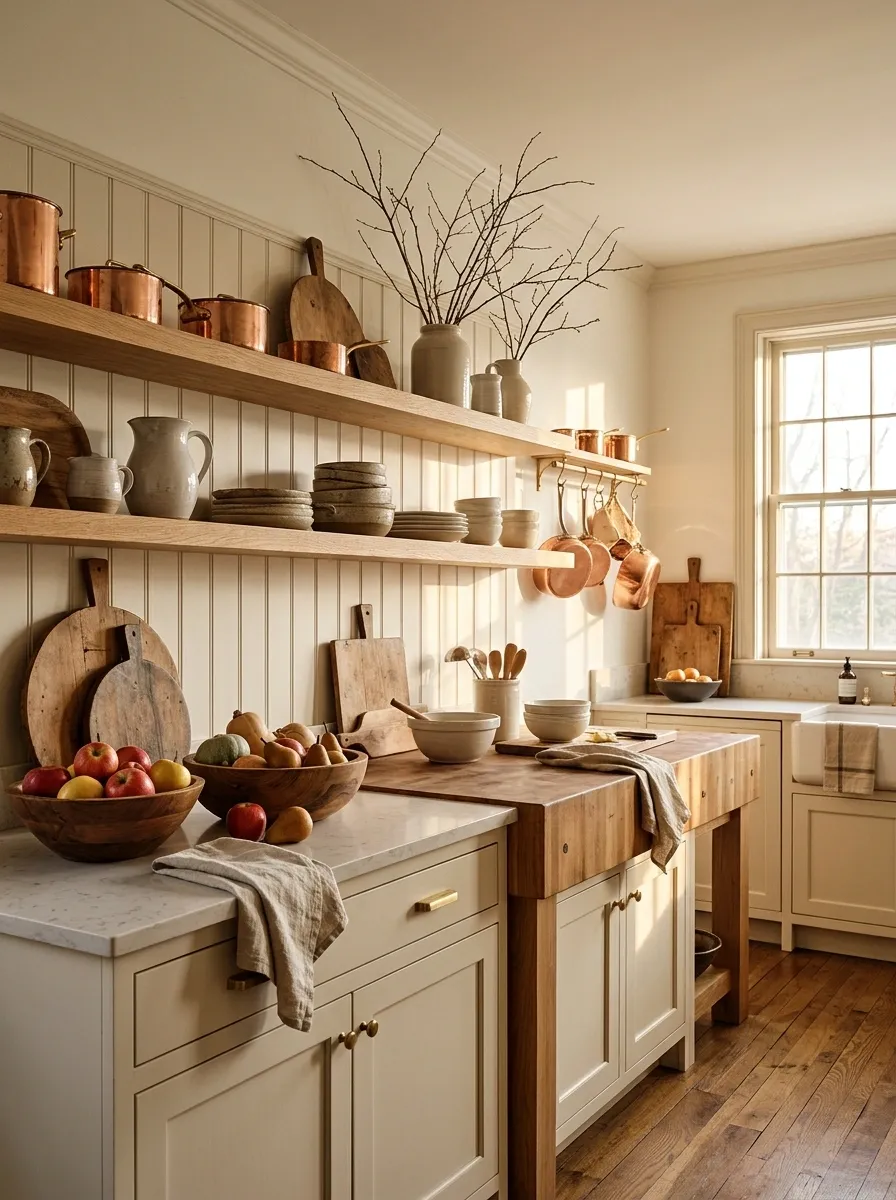 Rustic Thanksgiving Kitchen With Open Shelves and Seasonal Produce
