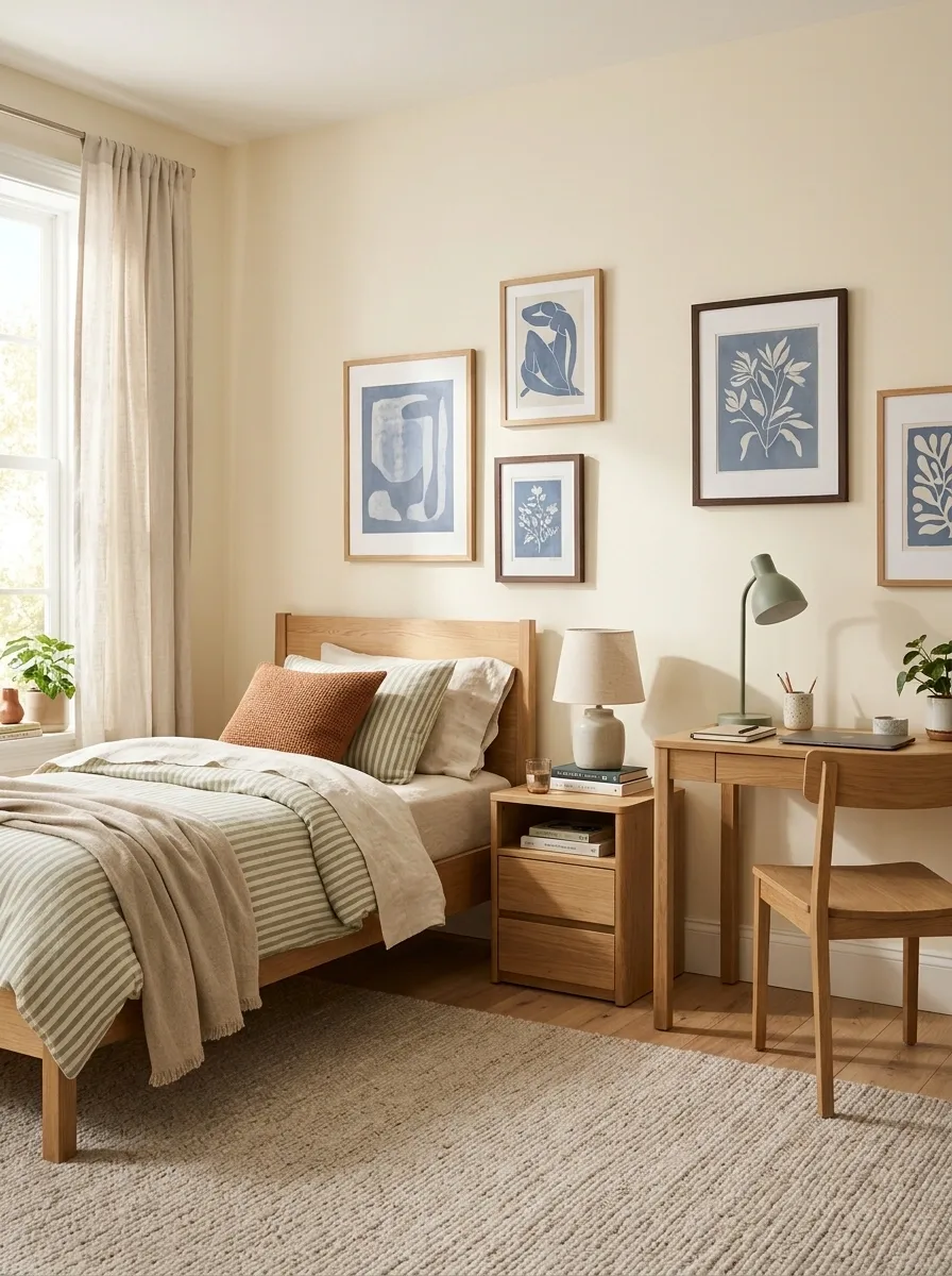 Sage and Cream Stripes in a Relaxed Teen Bedroom