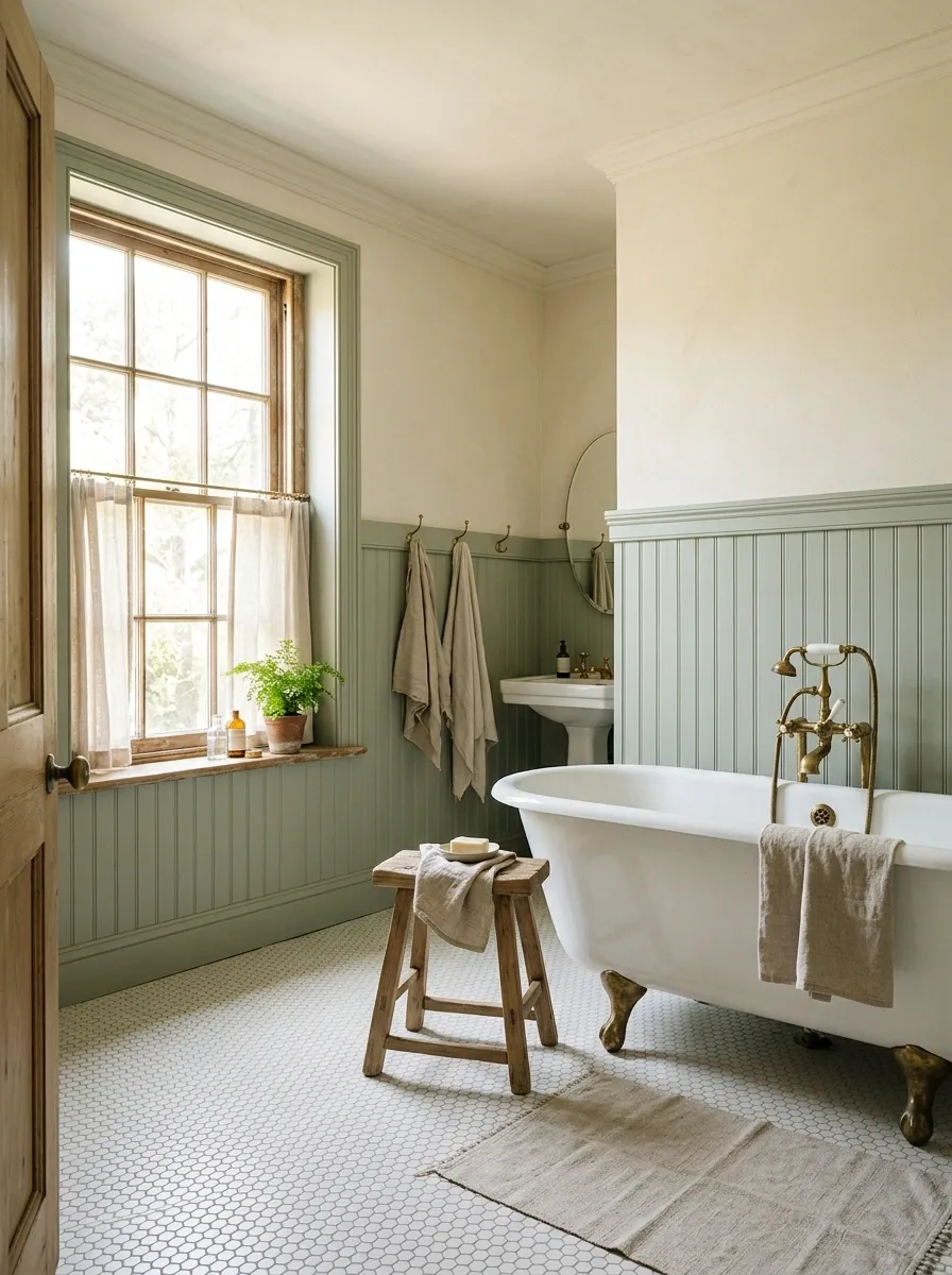 Sage Beadboard Bathroom With a Classic Clawfoot Tub