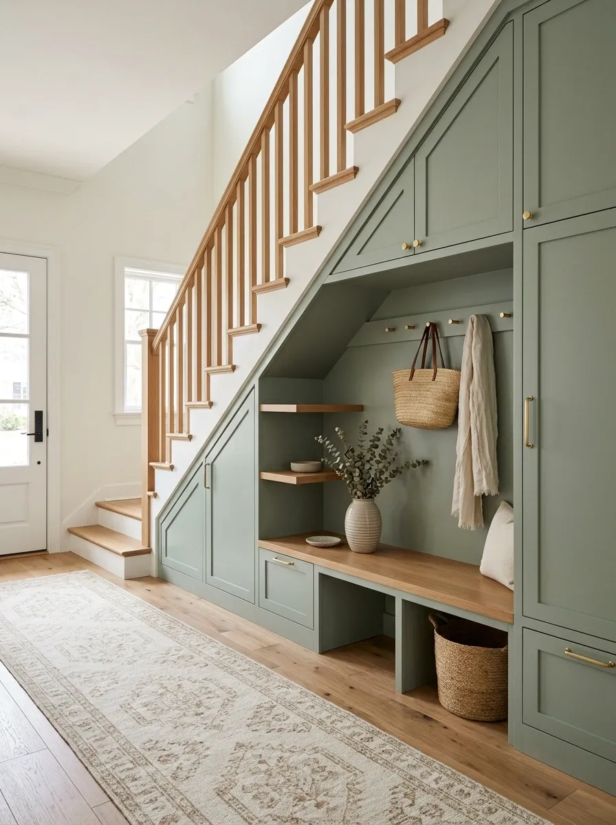 Sage Entry Under a Staircase With Hidden Storage