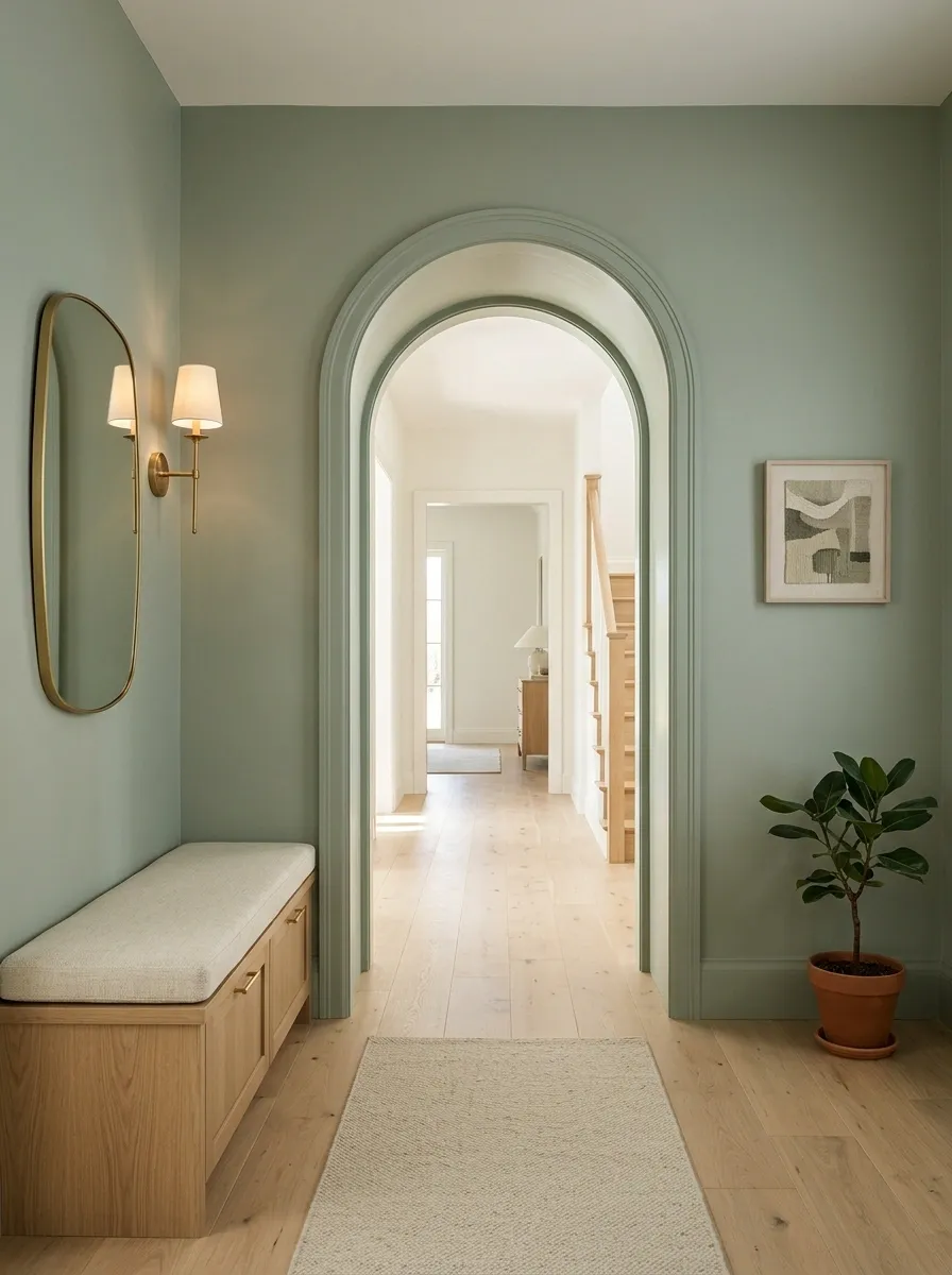 Sage Entry With Arched Doorway and Built-In Bench