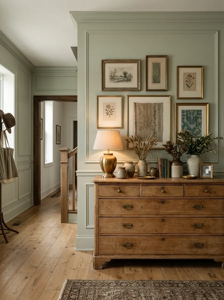 Sage Entry With Vintage Dresser and Layered Art