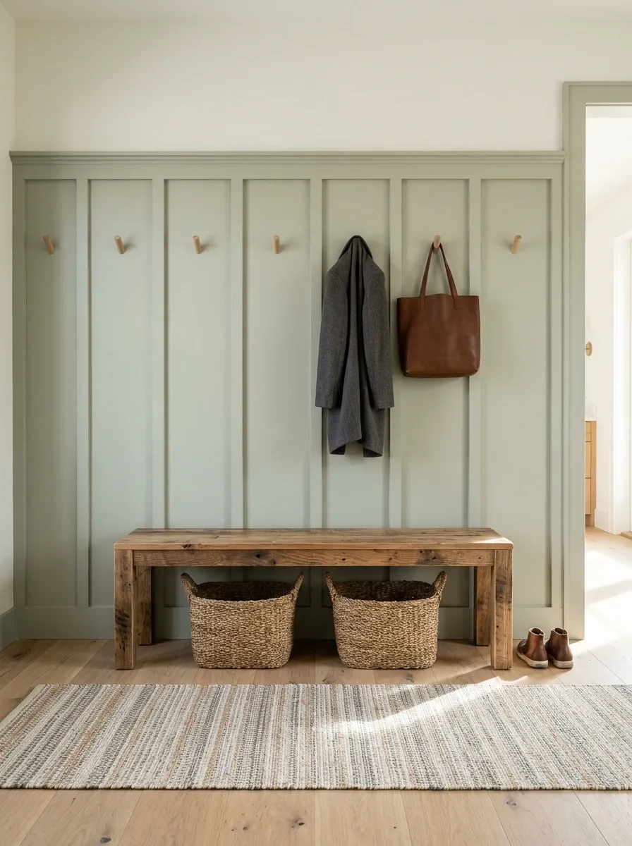 Sage Entryway With a Pallet-Wood Bench and Basket Storage