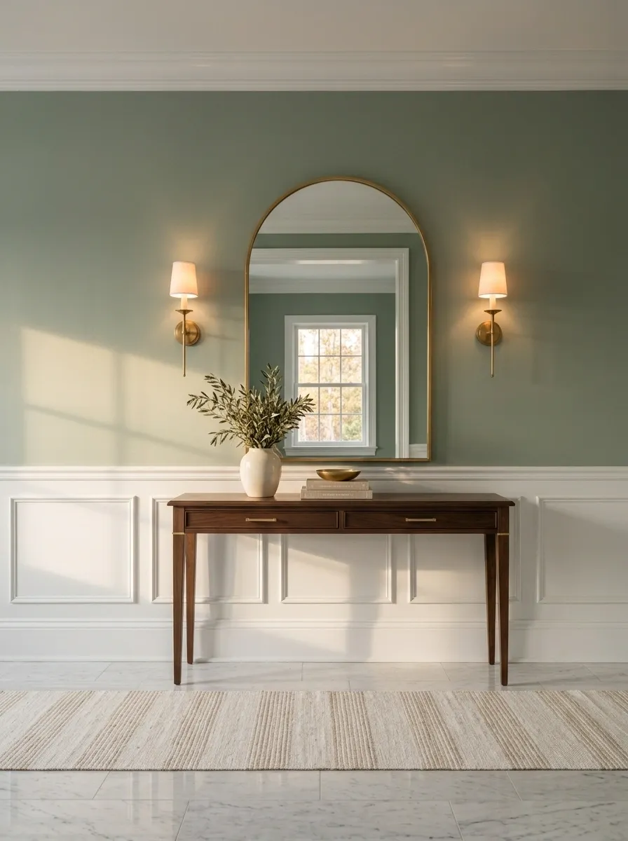 Sage Entryway With Brass Sconces and Pale Marble