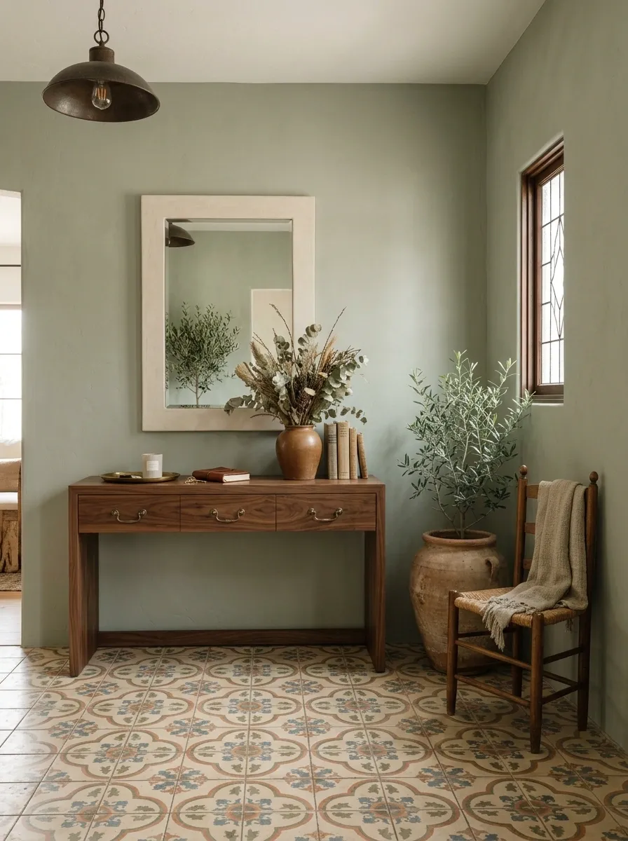 Sage Entryway With Mediterranean Tile and Walnut Furniture