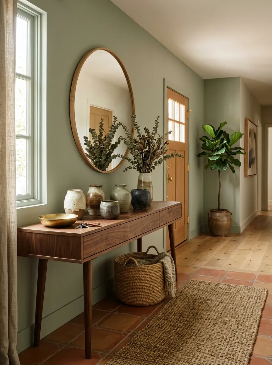 Sage Entryway With Warm Terracotta and Handmade Texture