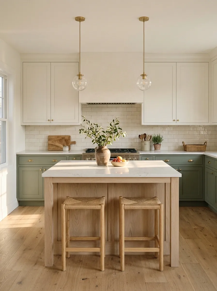 Sage Green Bases With Warm White Uppers and Oak