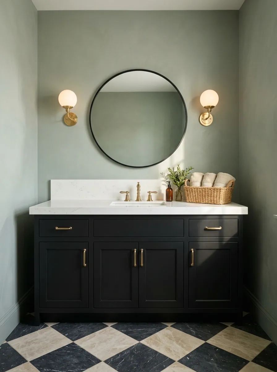 Sage Green Bathroom With Black-and-Cream Checkerboard Floor