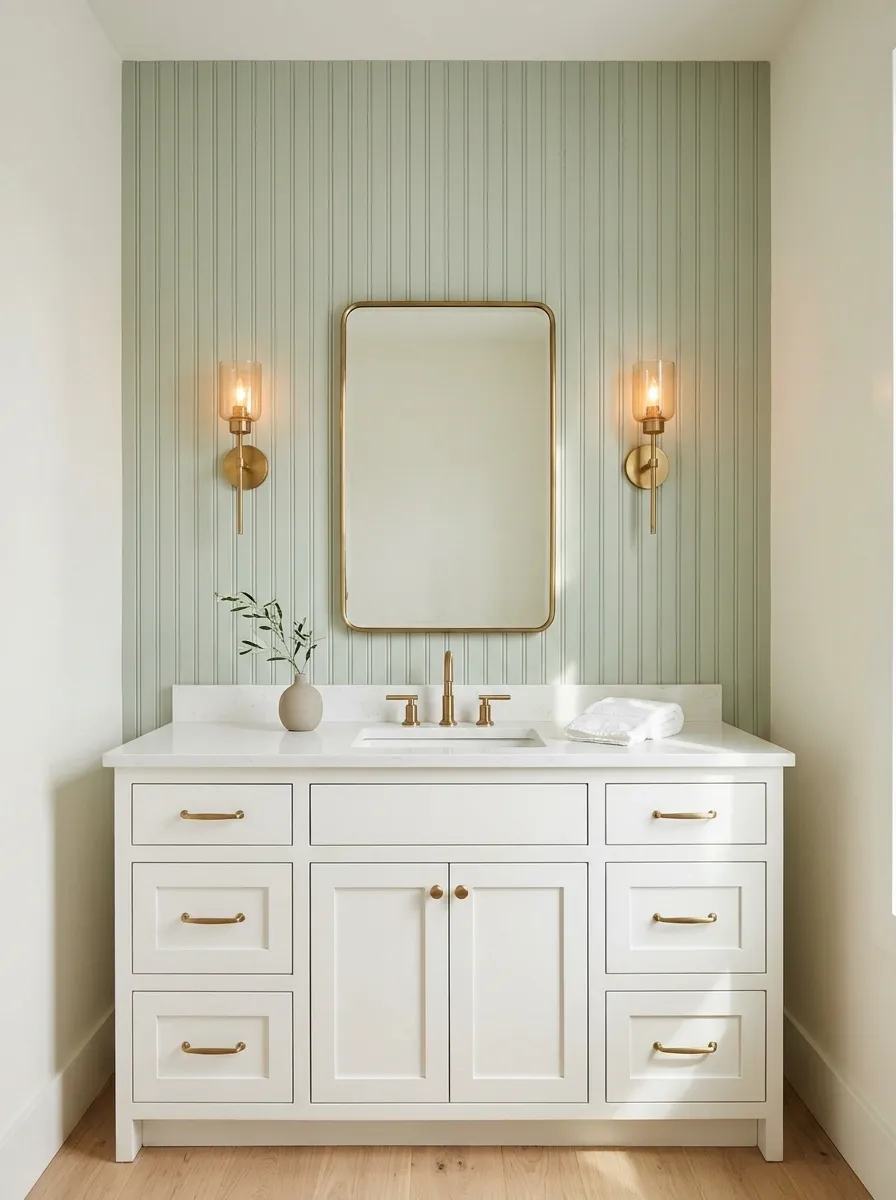 Sage Green Beadboard Wall With a Classic White Vanity