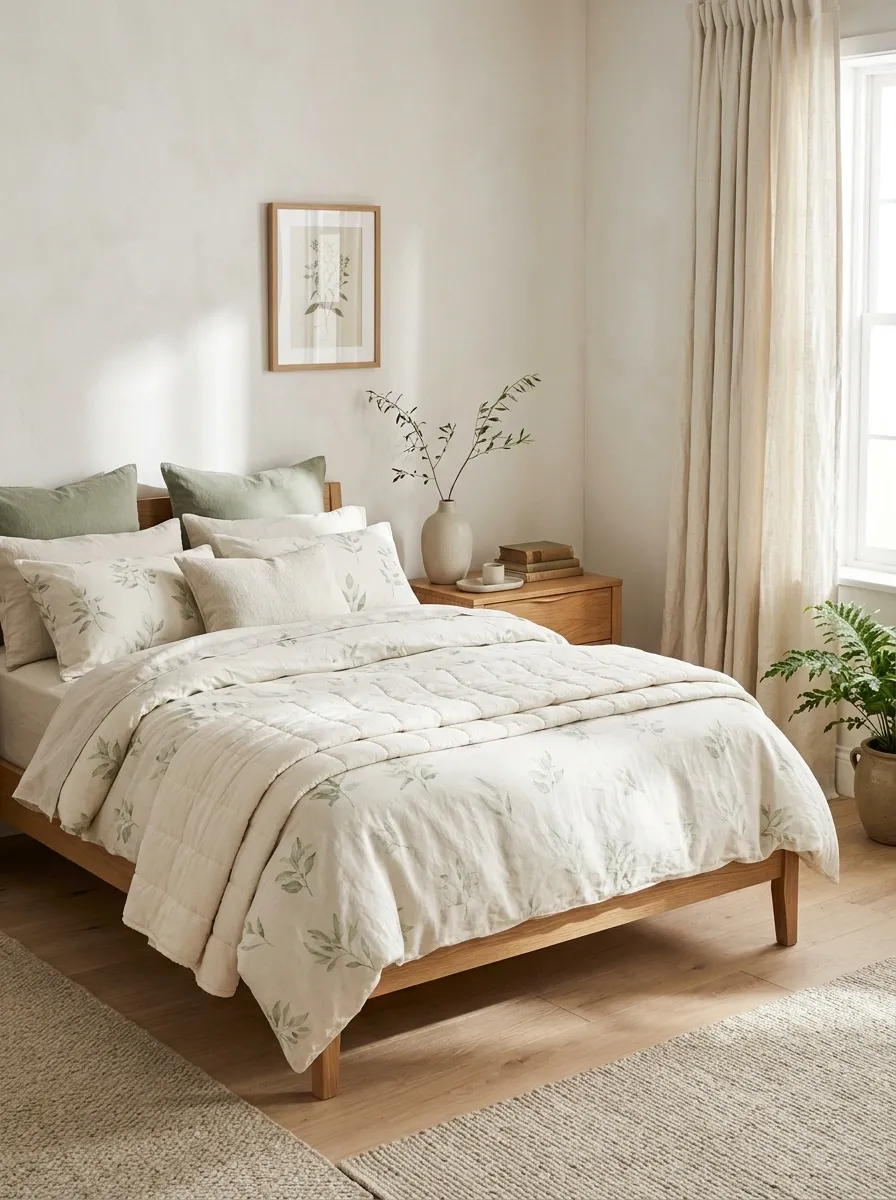 Sage Green Botanical Bedding With Cream Quilting