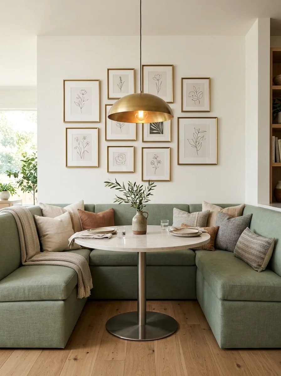 Sage Green Breakfast Nook With U-Shaped Banquette and Stone Top