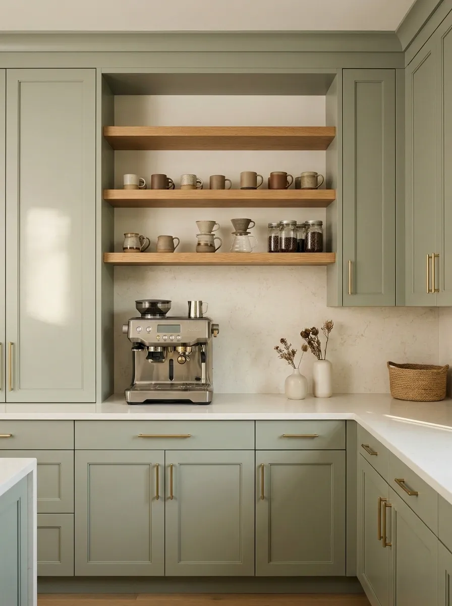 Sage Green Coffee Nook With Built-In Cabinetry
