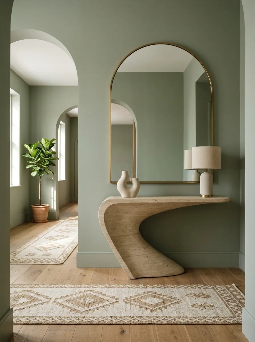 Sage Green Entry With Sculptural Console and Oversized Mirror