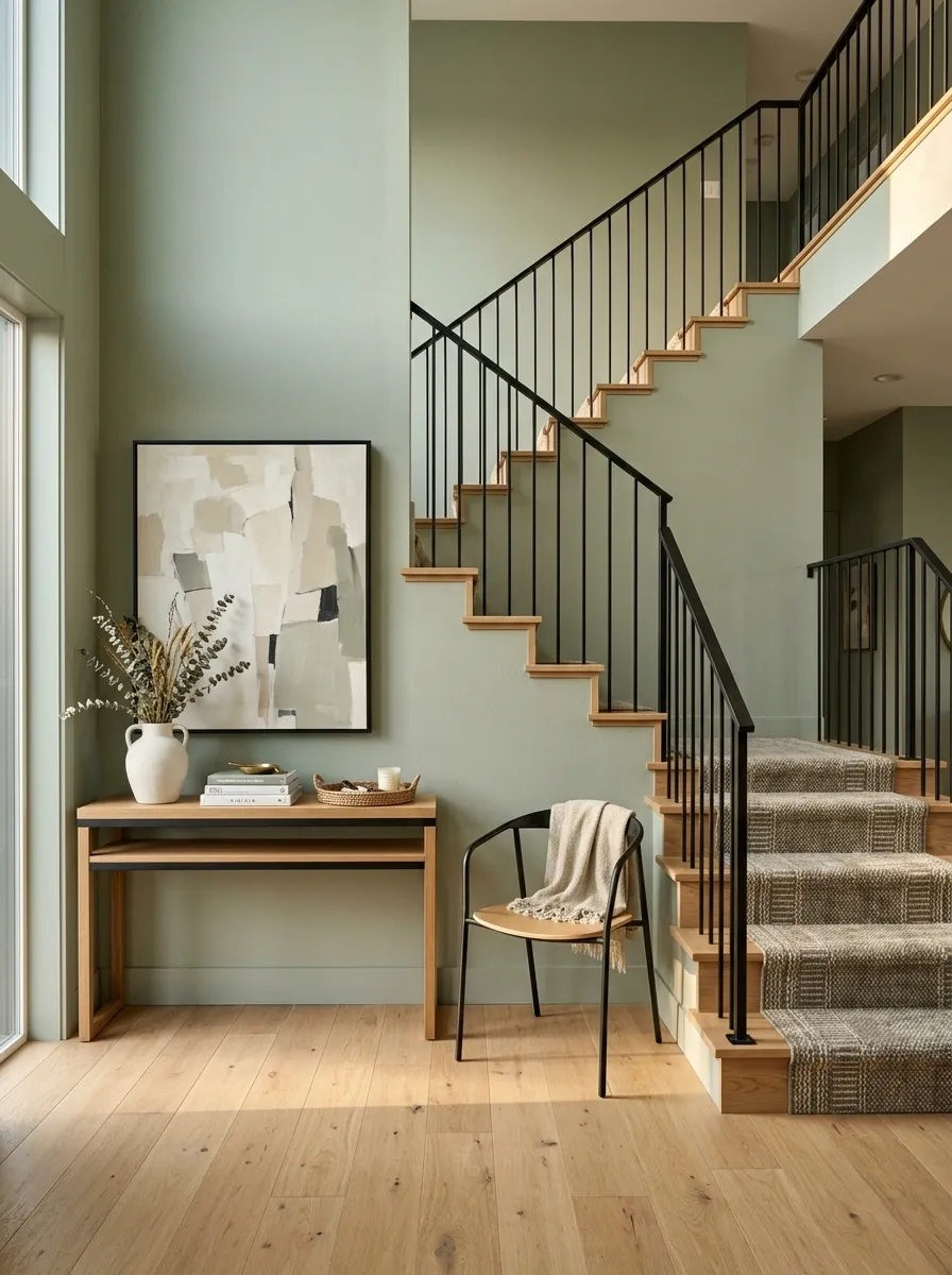 Sage Green Entryway With Black-and-Oak Stair Connection