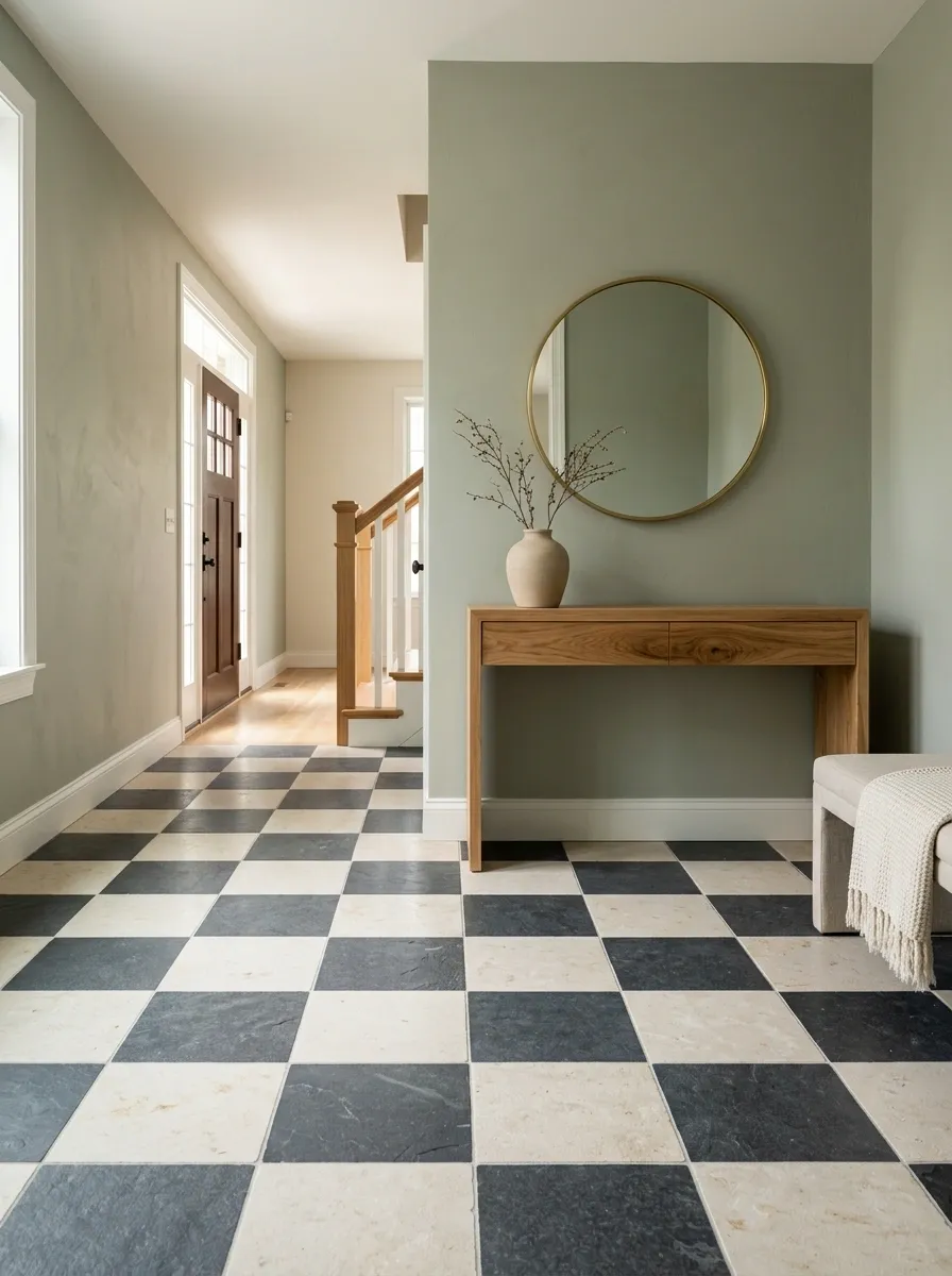 Sage Green Entryway With Checkerboard Stone Flooring