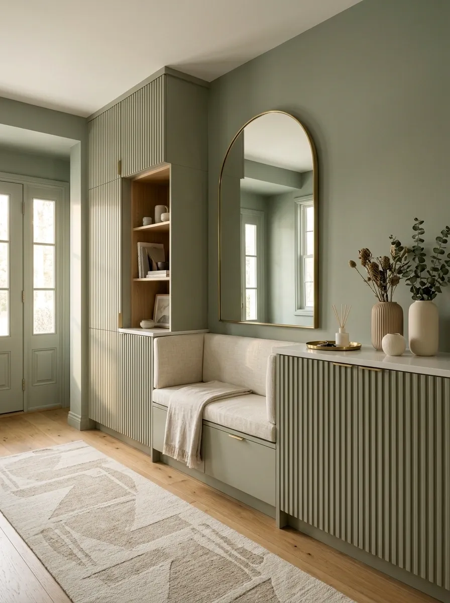 Sage Green Entryway With Fluted Wood Cabinetry