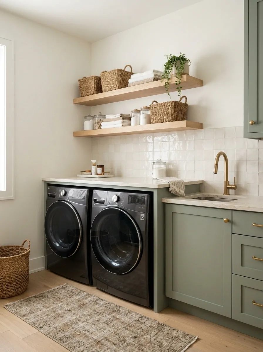 Sage Green Laundry Cabinetry With Natural Wood Accents