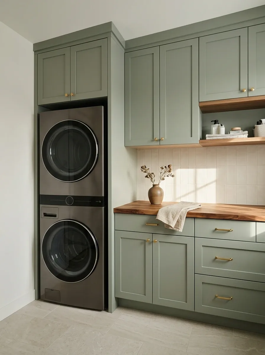 Sage Green Laundry Tower With a Butcher-Block Folding Surface