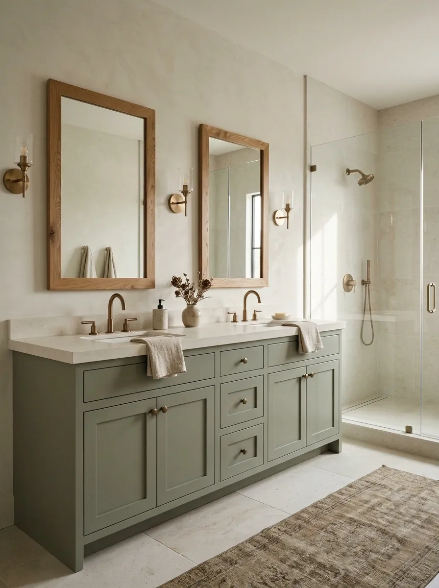 Sage Green Ranch Bathroom With Limestone and Bronze