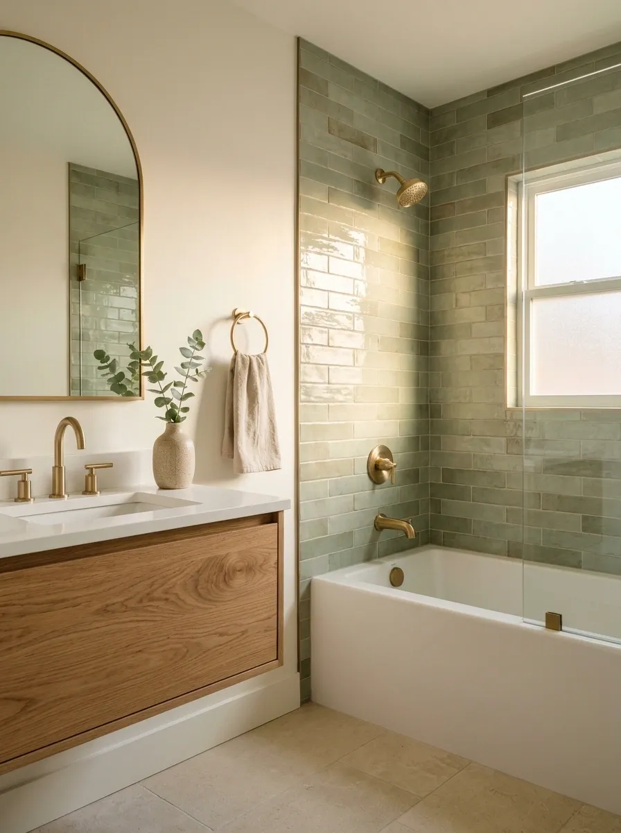 Sage Green Tile With Warm Oak and Brass