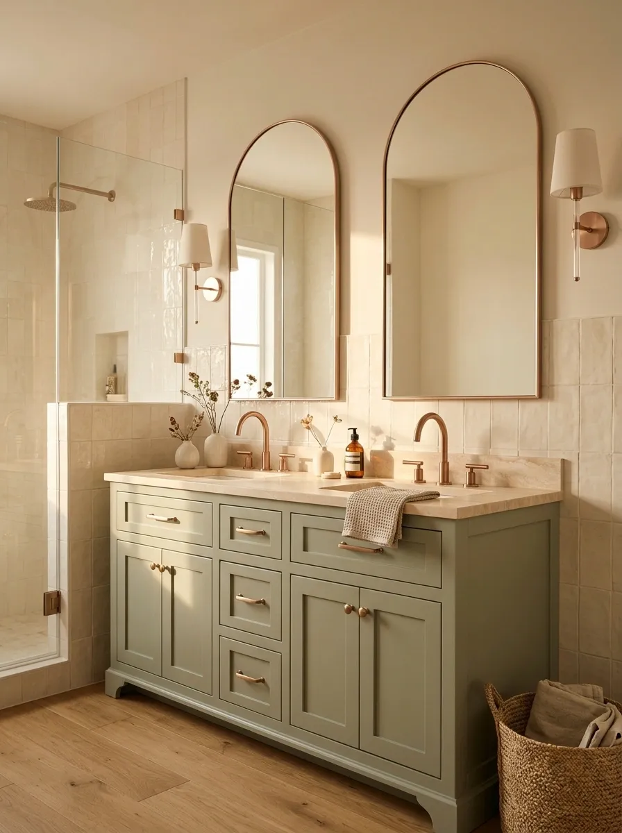 Sage Green Vanity With Cream Tile and Rose Gold Fixtures